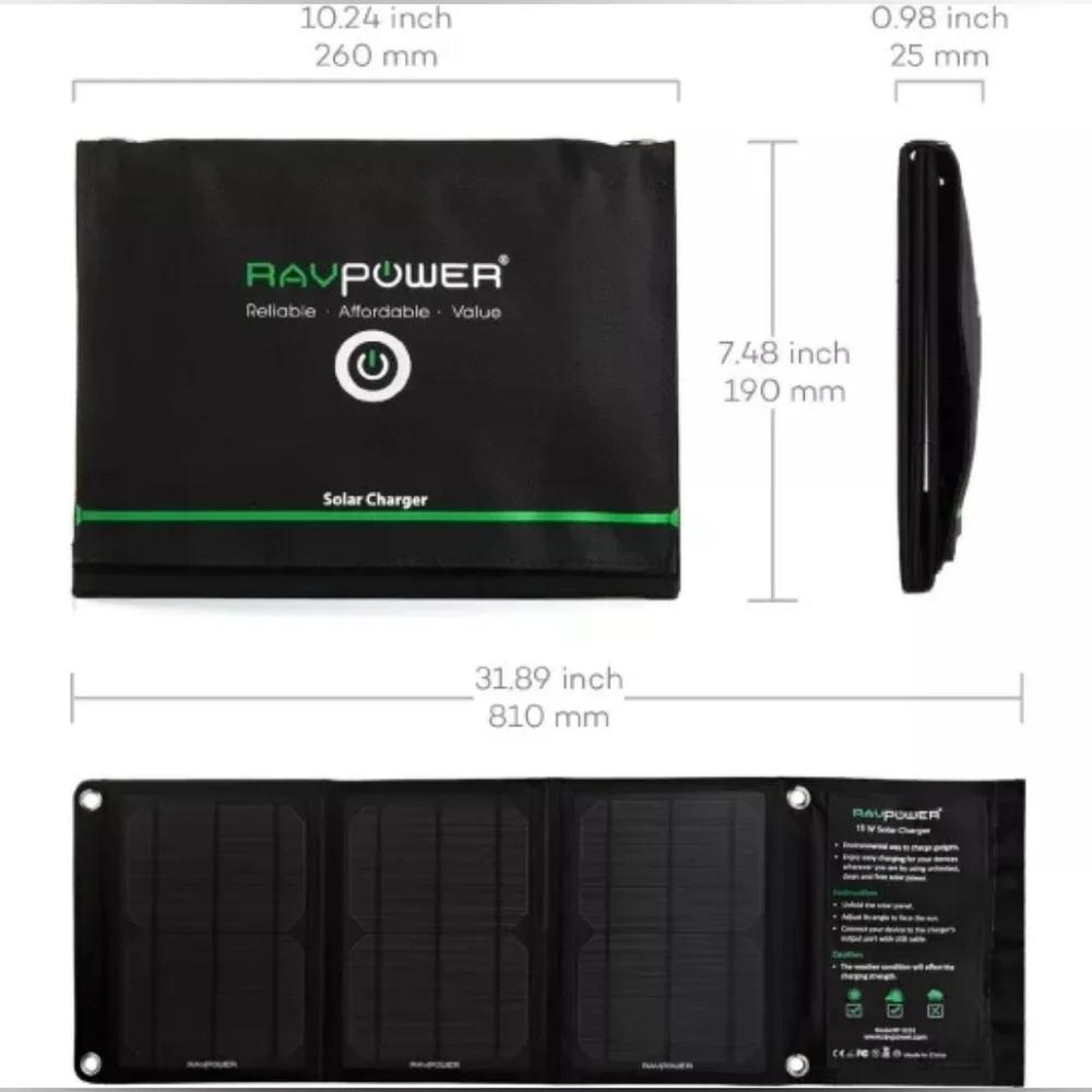 RAVPower 15W Foldable Solar Charger W/Dual USB Port - RP-SC02 - NWT